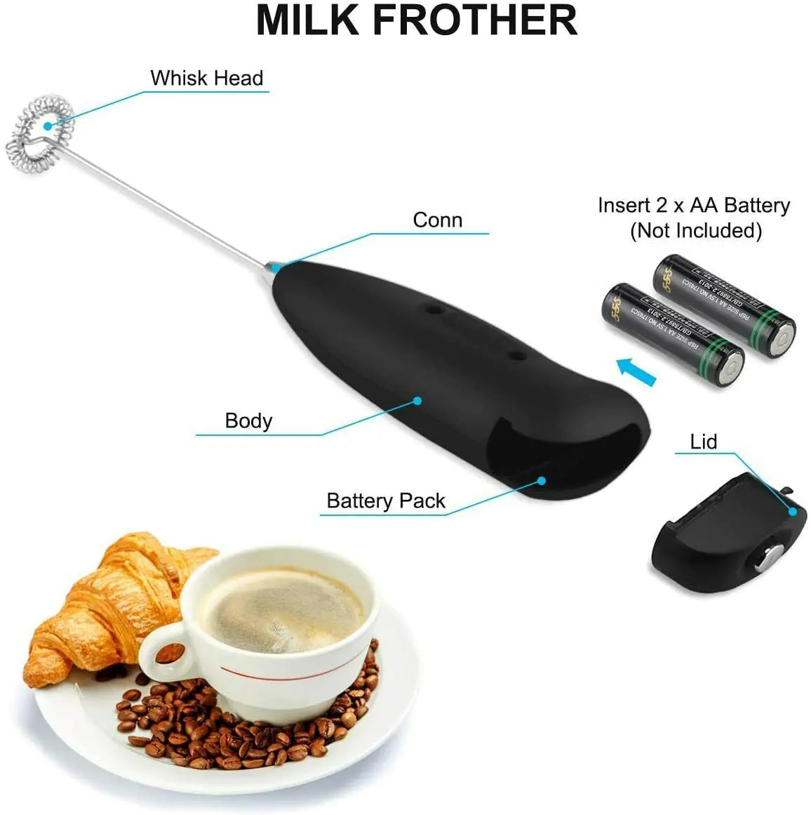 Electric Milk Frother and Whisk Mixer for Kitchen